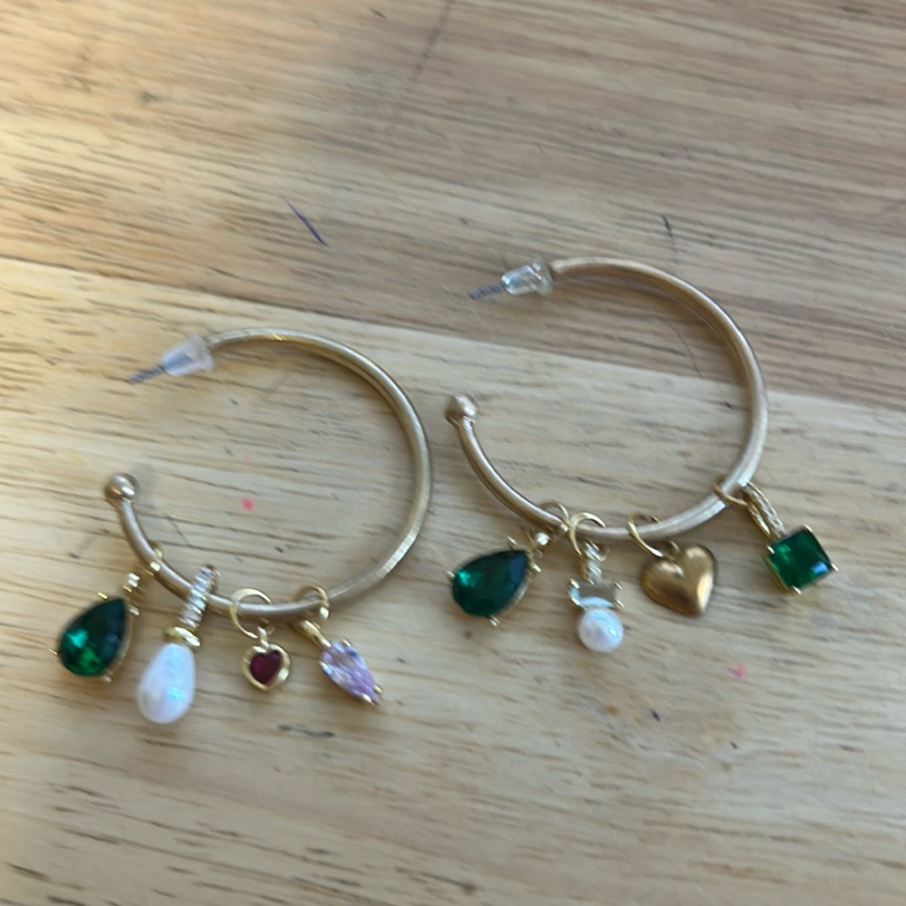 Anthropologie Gold Tone Hoops with Mismatched Charms